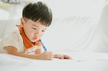 Naklejka premium 3 years old asian boy is drawing a picture of his cat in living room