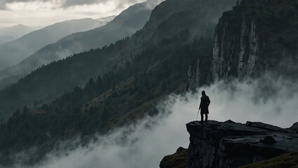 Figure standing on a dramatic cliff surrounded by misty mountains, evoking isolation.