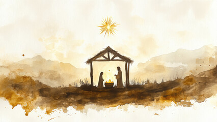 A serene nativity scene with Mary, Joseph, and baby Jesus under a glowing star