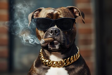 serious and cool dog smoking cigar and smoke around him and wearing black sunglasses and gold chain around his neck