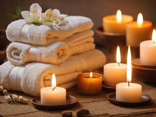 A luxury spa setting with candles, soft towels, and a serene atmosphere for relaxation and wellness