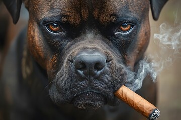 serious and cool dog smoking cigar and smoke around him and wearing black sunglasses