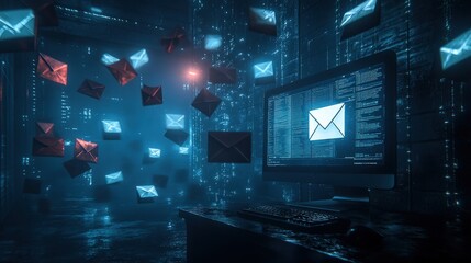 Computer screen with glowing digital mail icons.