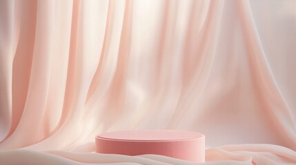 A pink fabric podium rests centrally in a minimalistic product display, surrounded by soft flowing drapery and warm, inviting lighting that enhances the atmosphere