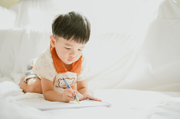 3 years old asian boy is drawing a picture of his cat in living room