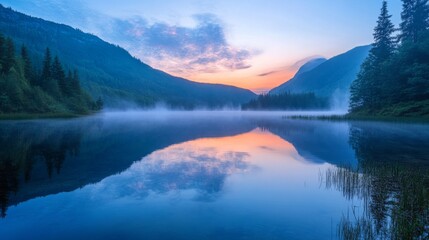 Serene Mountain Lake at Sunrise with Fog and Reflections