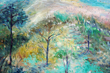 Naklejka premium hand painted original impressionism brush stroke painting landscape oil color acrylic color gallery of art gradient poster color inspirational art visual art mix colors art idea bright multicolored