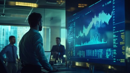 In a contemporary boardroom, a man stands confidently at a digital screen, discussing financial charts and data analysis with engaged colleagues present