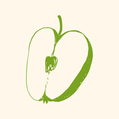Half an apple drawing, green outline, sketch style, simple hand drawn doodle illustration, beige background