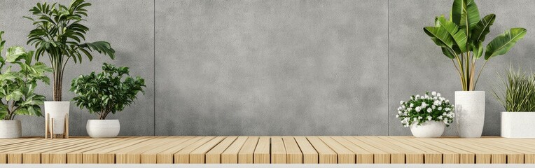 Fototapeta premium A beautiful arrangement of potted plants on a wooden tabletop adds a fresh touch to a modern interior space with a concrete wall