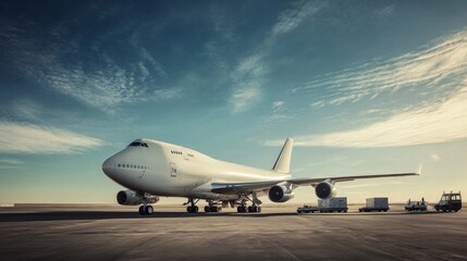 A large cargo aircraft awaits clearance on the runway, with the expansive blue sky above and ground crew readying for takeoff operations in the background