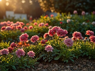 Flowerbed with blooming pink flowers in a garden at sunset.