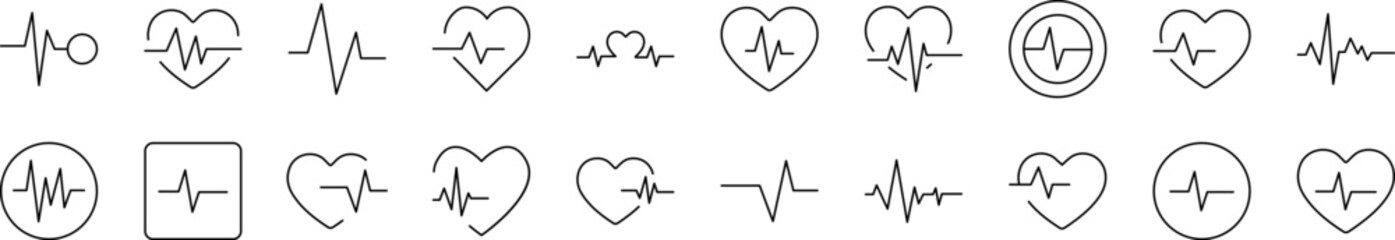 Pulse and Cardiogram Set of Thin Icons. Editable Stroke. Suitable for Web Sites, Books, Cards, Apps