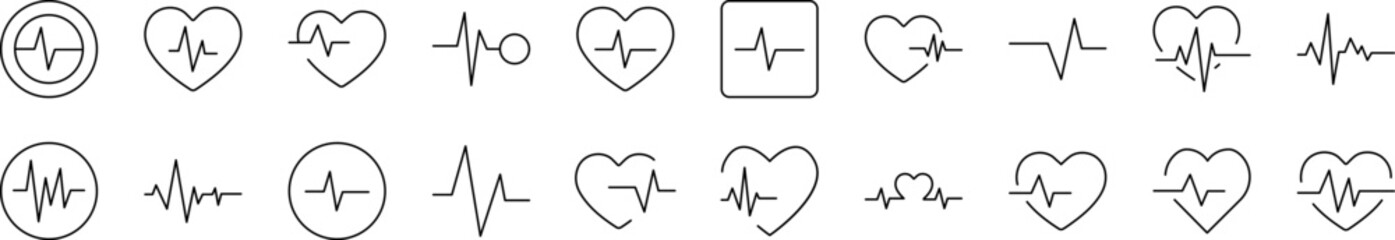 Pulse and Cardiogram Simple Isolated Line Icons Collection. Editable Stroke. Suitable for Web Sites, Books, Cards, Apps