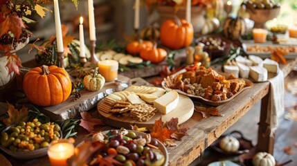 Naklejka premium Thanksgiving Appetizer Table with Bite Sized Snacks, Cheeses, and Fall Themed Treats