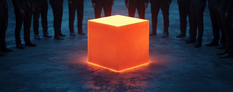 A glowing orange cube surrounded by a circle of silhouetted figures, creating a mysterious and intriguing atmosphere.