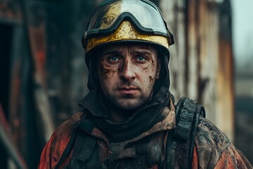 Naklejka premium portrait of dirty firefighter man wearing his helmet and rescue uniform