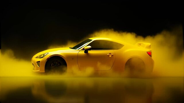 Yellow sports car on a black background, a lot of yellow smoke around. Smoke animation