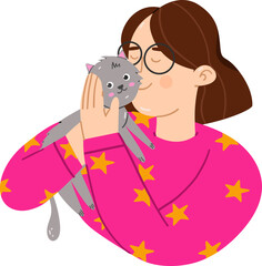 The pink  yellow hand drawing woman kissing  a cat vector illustration