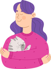 Magenta purple hand drawing woman hugging a cat vector illustration