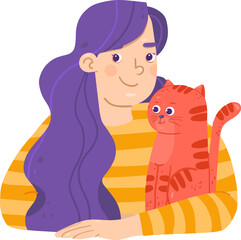 Yellow purple hand drawing woman hugging a cat vector illustration