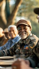 Fototapeta premium Veterans of Various Ethnicities Gather for Veterans Day Community Event, Displaying Military Insignia and Pride