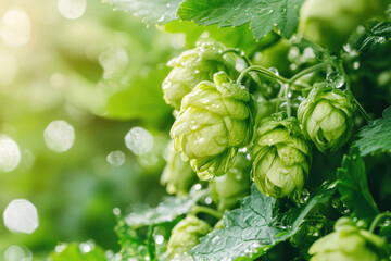 Fresh green hops growing in sunlit hop garden