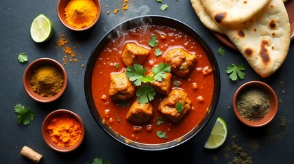 Spicy Durban curry served with roti and colorful spices (South African Cuisine)