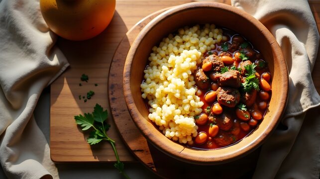 Hearty Umngqusho with Samp and Beans in Wooden Bowl (South African Cuisine)