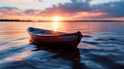 Fototapeta premium A serene sunset over calm waters, featuring a small boat drifting peacefully, creating a tranquil atmosphere.
