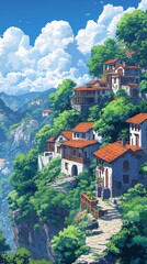 Obraz premium Charming Mountain Village with White Houses on Hills in Anime Style Illustration for Mobile Phone Wallpaper
