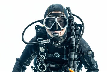 Fototapeta premium A diver in full scuba gear, ready to explore the underwater world, cut out against a white background.