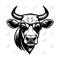 a black and white illustration of a cow's head. The cow has two large horns on its head and is wearing a pair of sunglasses