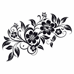 a black and white silhouette of a bunch of flowers. The flowers are daisies with five petals each and a yellow center. The stems and leaves are long and thin, with a few small buds