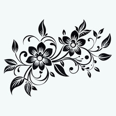 a black and white silhouette of a bunch of flowers. The flowers are daisies with five petals each and a yellow center. The stems and leaves are long and thin, with a few small buds