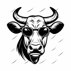 a black and white illustration of a cow's head. The cow has two large horns on its head and is wearing a pair of sunglasses