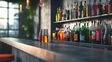 A stylish bar scene with a gray countertop, shelves filled with colorful bottles, and a blurry background.