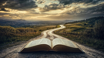 Open book leading to country road at sunset - journey concept