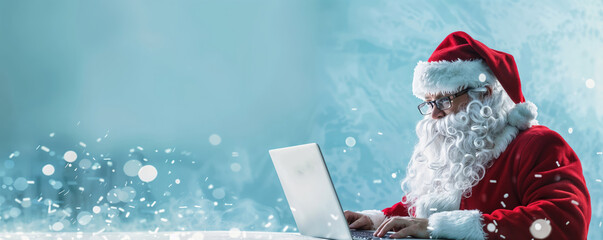Santa claus using laptop on snowy blue background