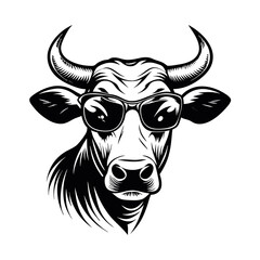 a black and white illustration of a cow's head. The cow has two large horns on its head and is wearing a pair of sunglasses