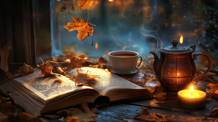 A warm cup of tea or coffee, maybe in a cozy spot with a book, like on a chilly autumn or winter day.