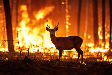 Deer standing in forest during wildfire at night