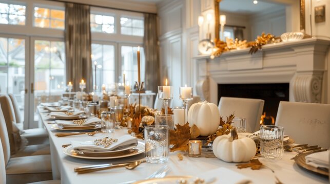 Elegant Thanksgiving Dinner Setting with Autumn Decorations in a Chic Canadian Townhouse