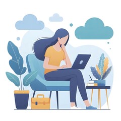 A flat-style illustration of a woman focused on her laptop. Ideal for work-from-home, business, tech, or freelance-related designs. Clean and simple composition on a white background.