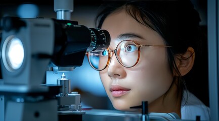 A woman examines a specimen through a microscope in a modern laboratory, showcasing focused concentration