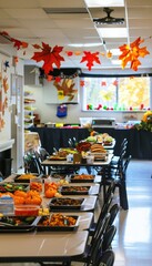 Thanksgiving Cooking Competition at Community Center with Families and Fall Decorations