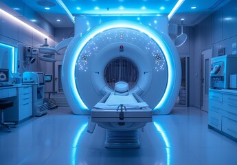 Futuristic MRI scanner in a sterile hospital room with blue lighting
