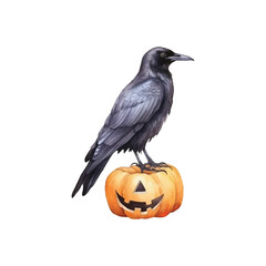 watercolor crow standing in pumpkin vector illustration, white background