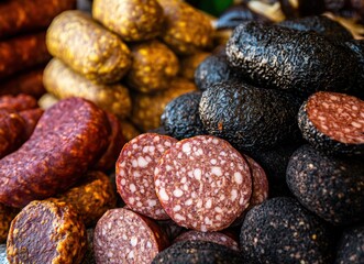A pile of various sausages, including black pudding and circular salami with visible meat texture, displayed on the market table. Sausages made from red meat with black sausages of red deer or rabbit 