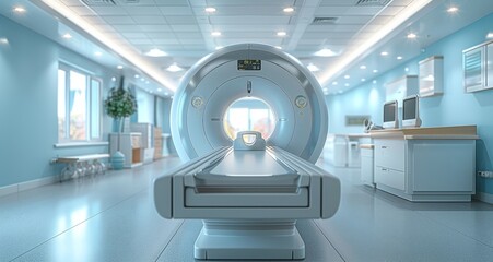 Modern MRI suite ready for patient examinations in a bright, sterile hospital setting